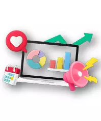 3D illustration of a computer screen with pie and bar charts, surrounded by heart, calendar, megaphone, and arrows for marketing.